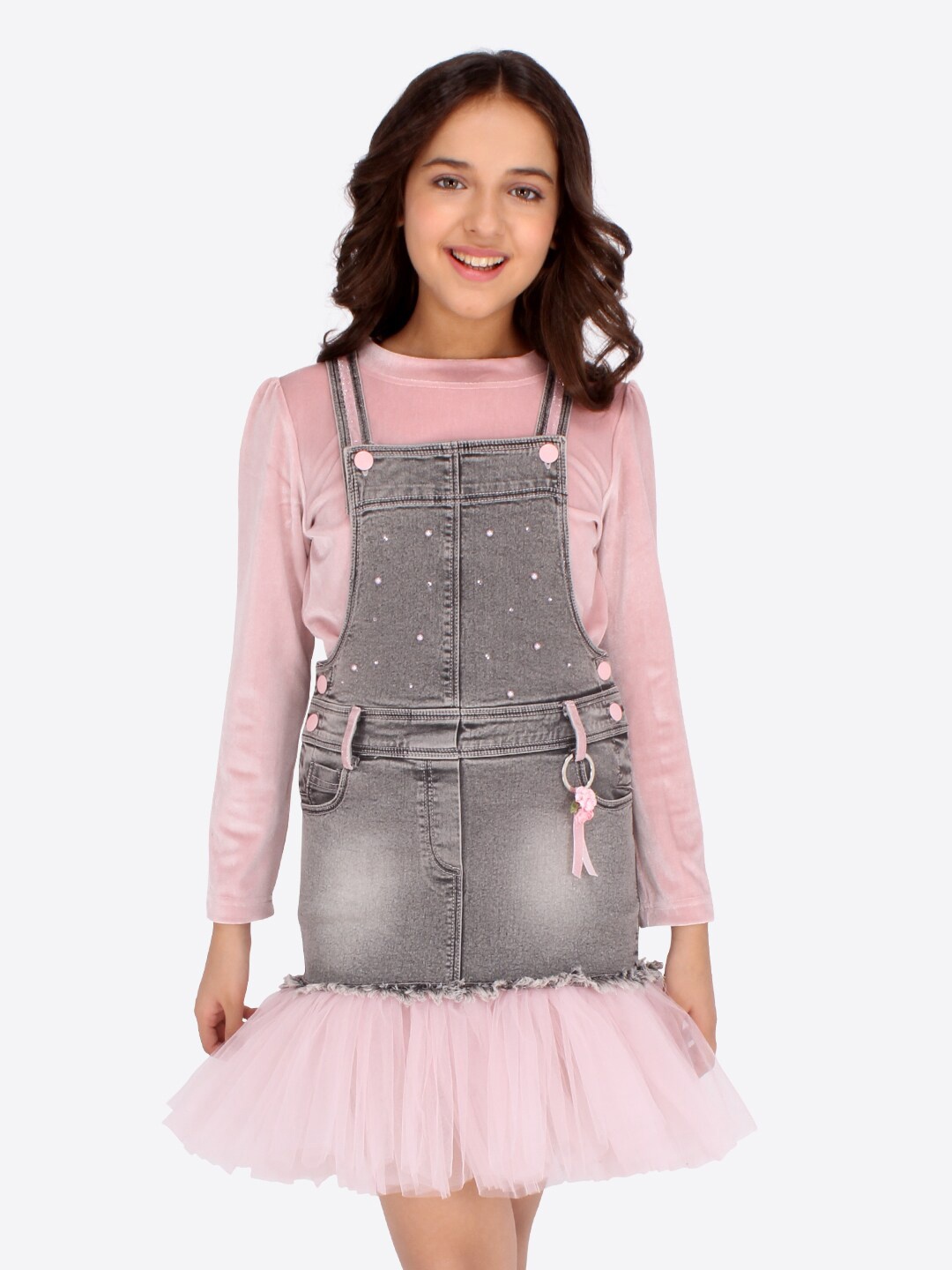 

CUTECUMBER Girls Pink & Grey Denim Pinafore Dress with full sleeves T-Shirt