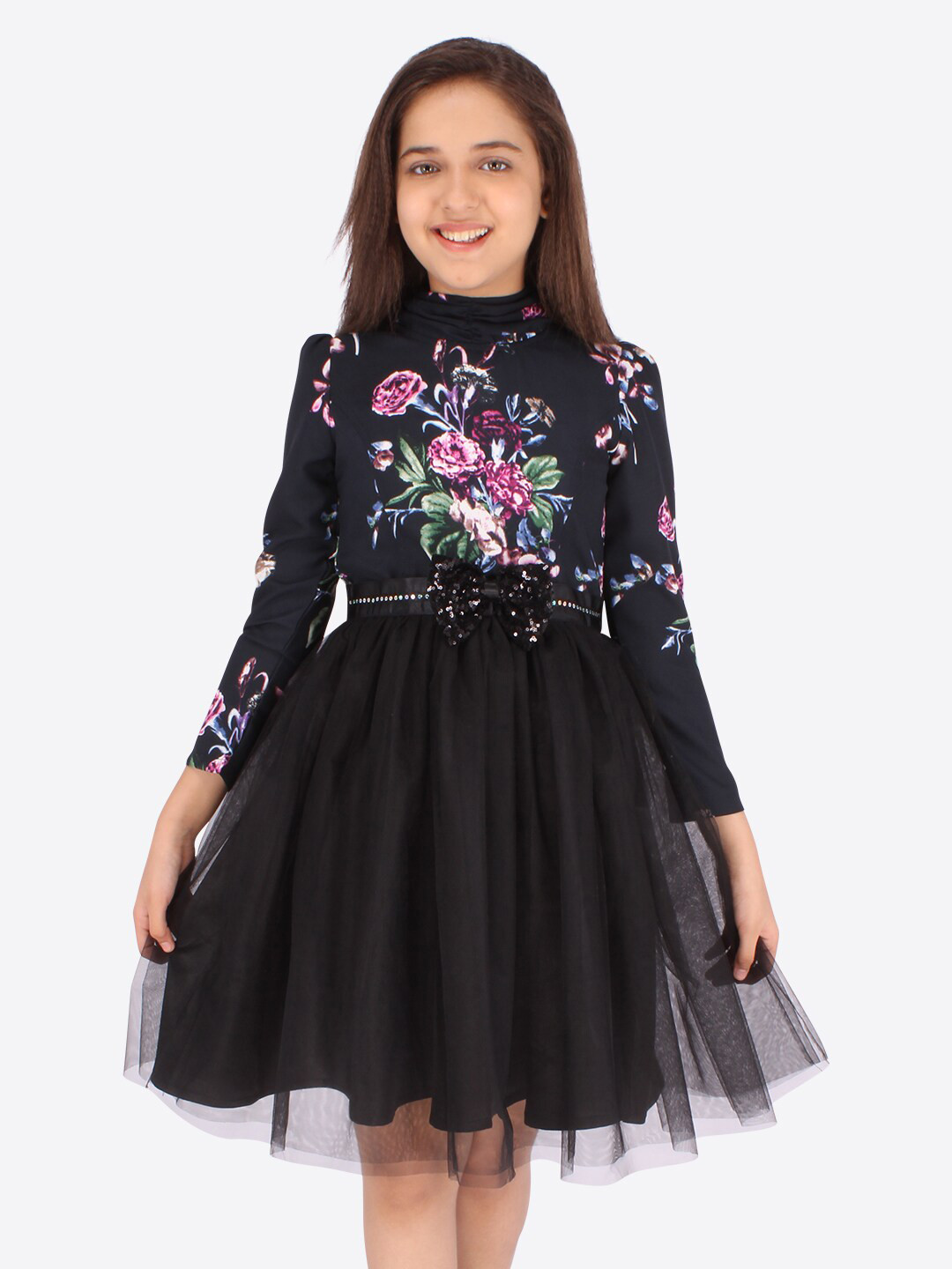 

CUTECUMBER Girls Black & Pink Floral Printed Georgette Dress