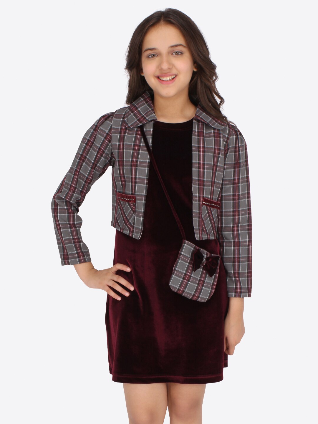 

CUTECUMBER Girls Maroon Velvet Sheath Mini Dress with Shrug