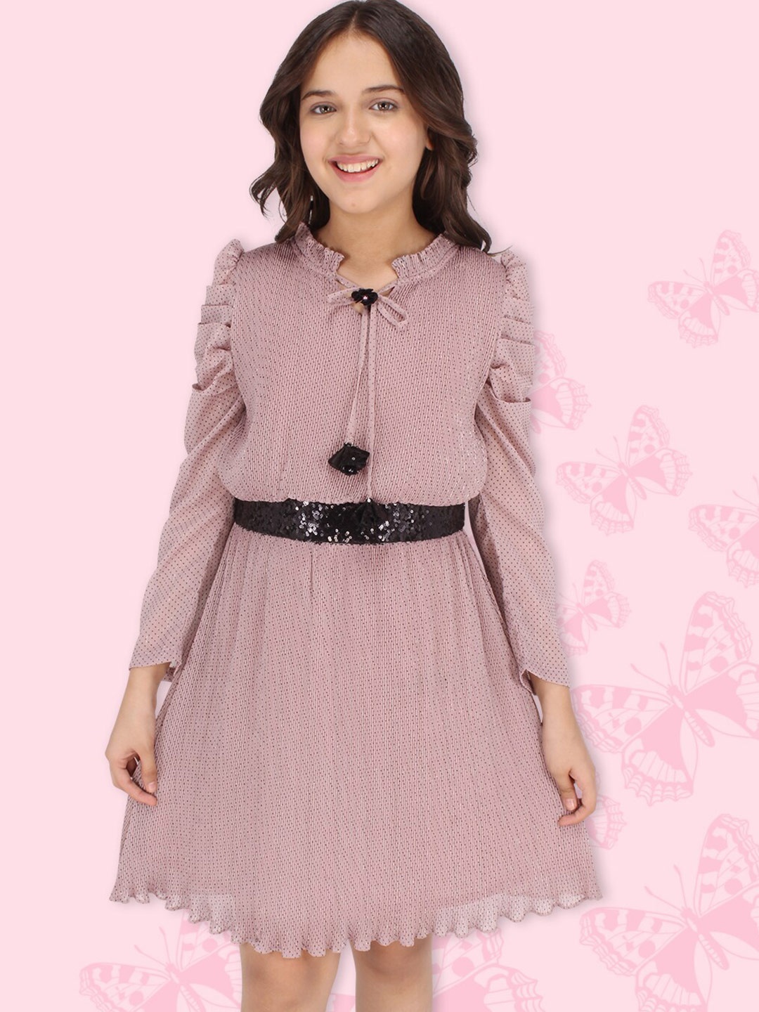 CUTECUMBER Girls Pink & Black Printed Tie-Up Neck Georgette Mini Dress