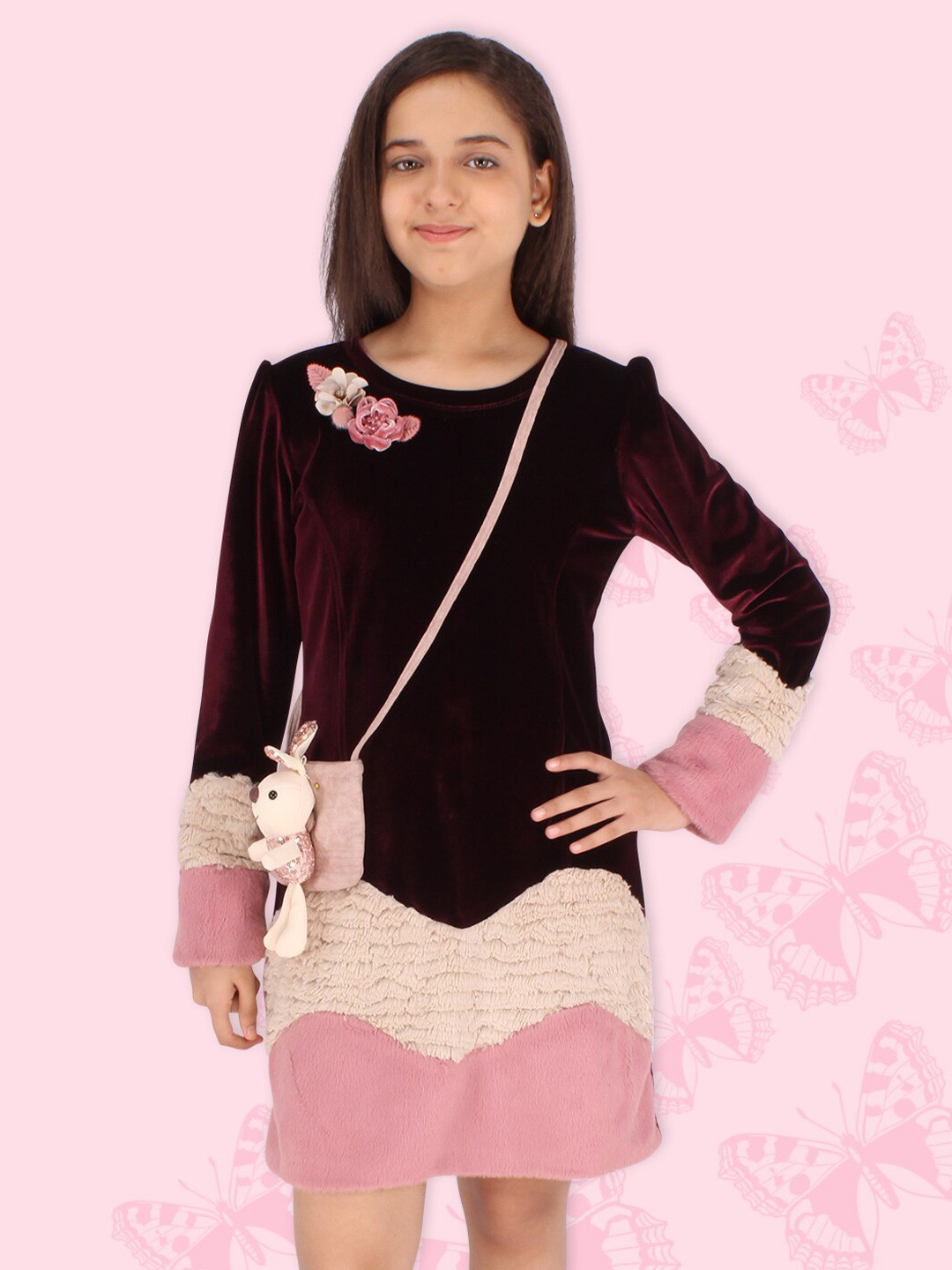

CUTECUMBER Girls Maroon & Pink Velvet Sheath Dress