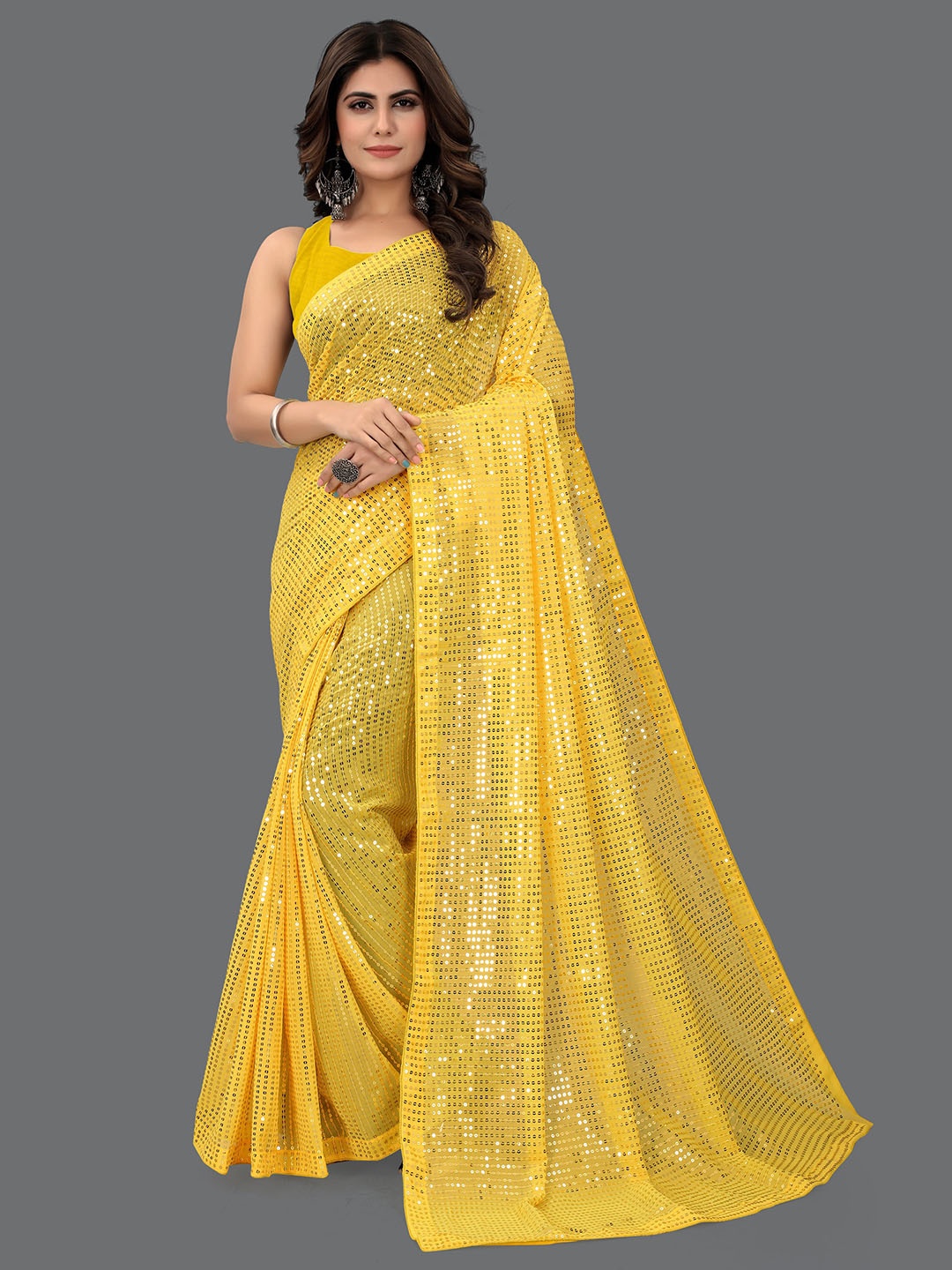 

CLEMIRA Yellow Embellished Sequinned Saree