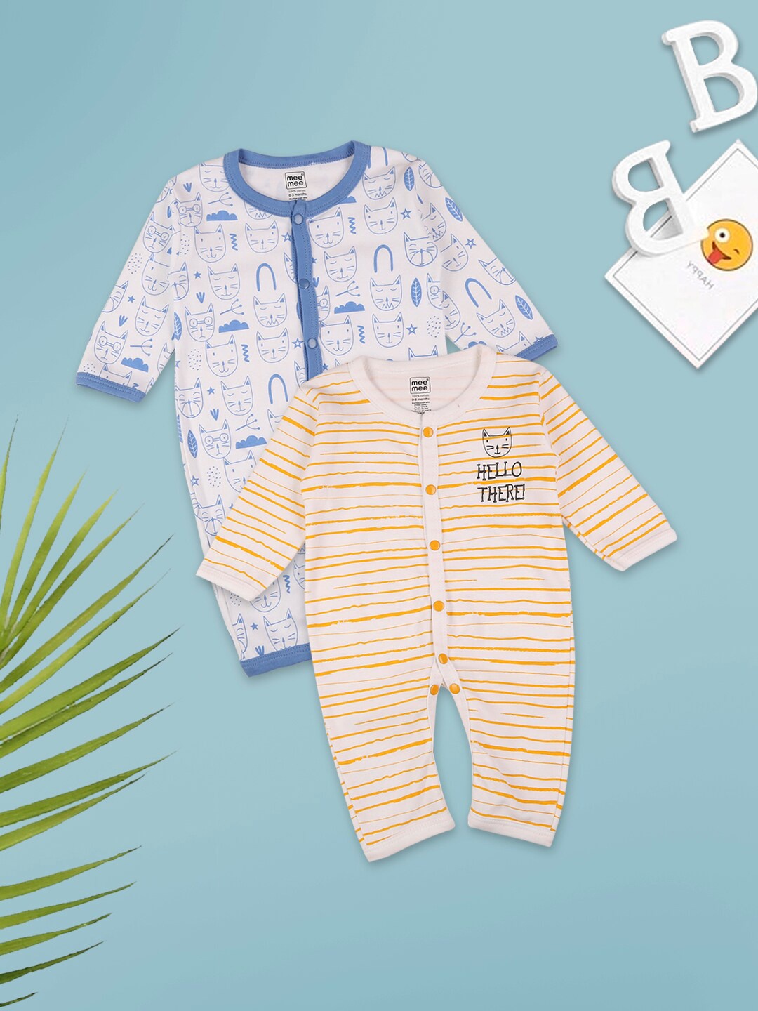 

MeeMee Infant Boys Pack Of 2 Printed Cotton Rompers, Yellow