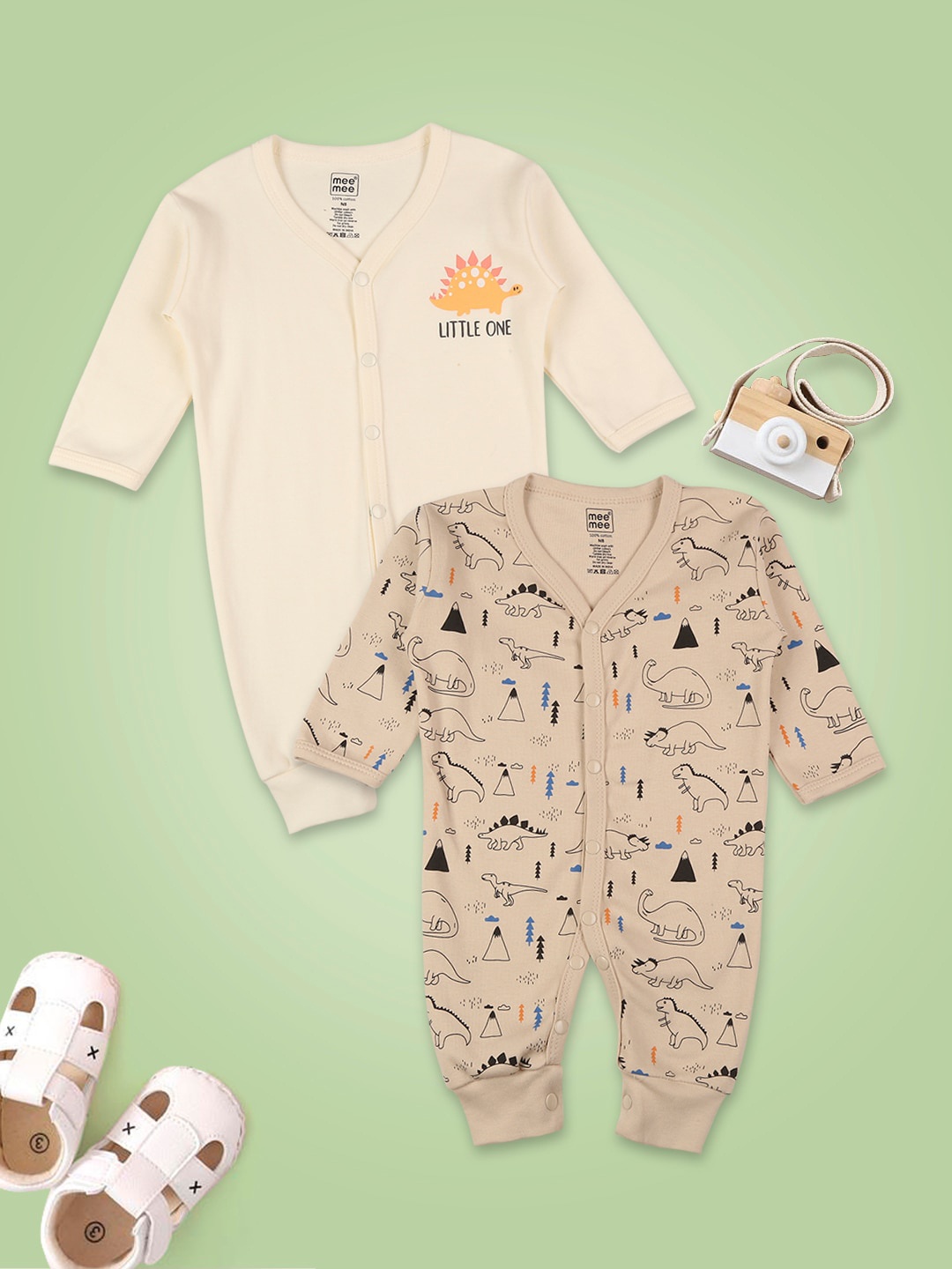 

MeeMee Infants Boys Pack Of 2 Printed Pure Cotton Rompers, Off white