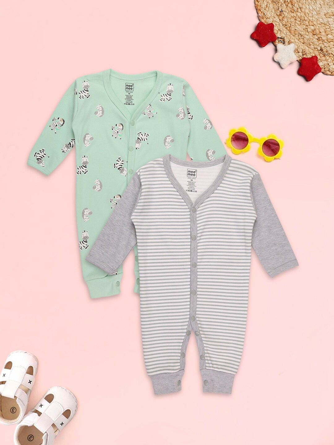

MeeMee Infant Pack of 2 Green & Grey Printed Cotton Rompers