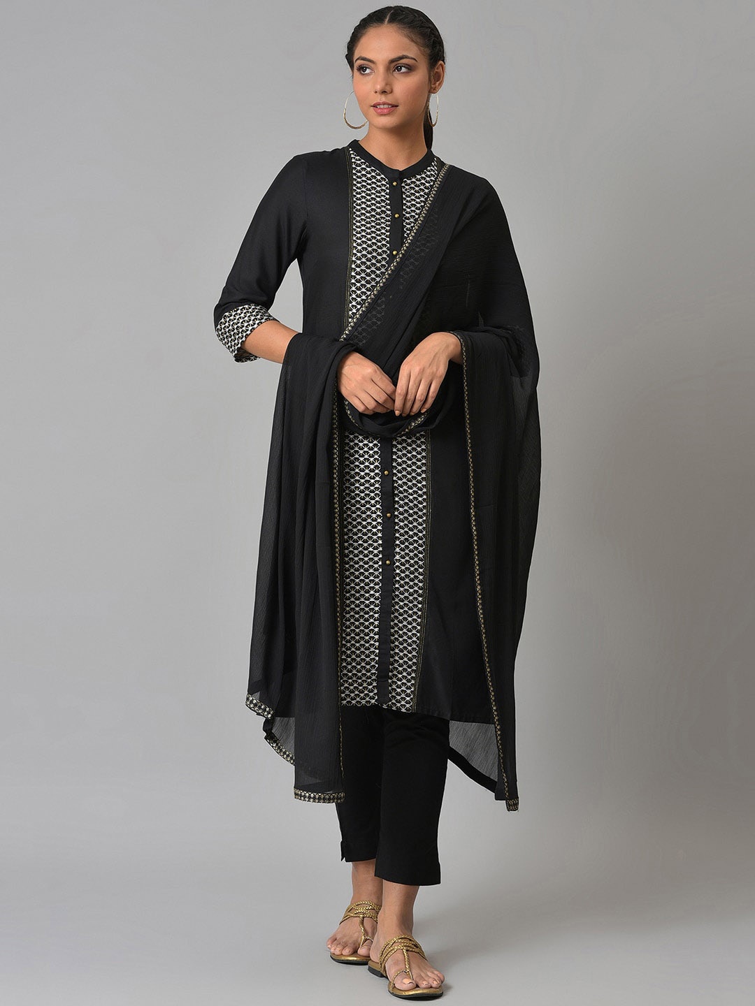 

W Women Black Ethnic Motifs Embroidered Panelled Kurta with Trousers & With Dupatta