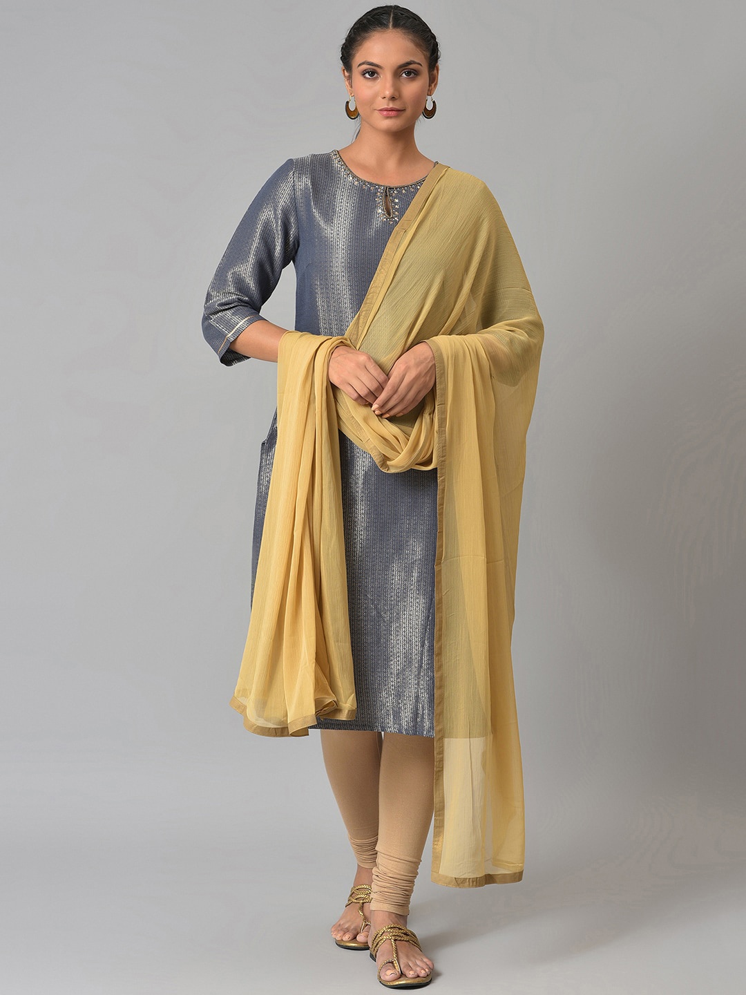 

W Women Blue & Beige Solid Kurta Churidar With Dupatta