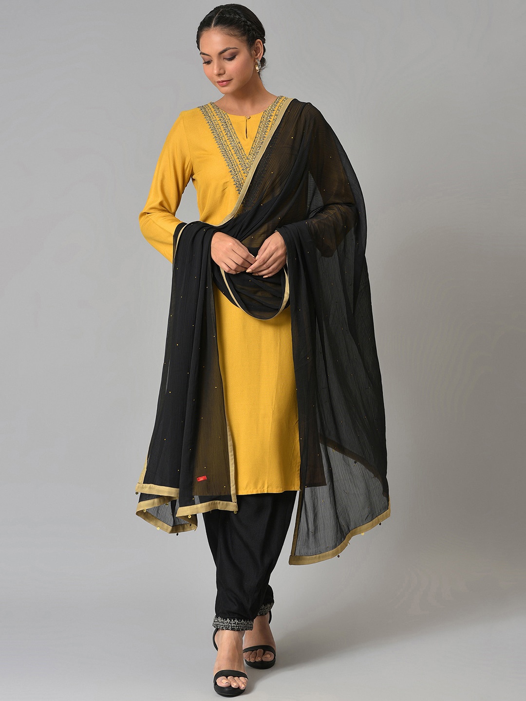 

W Women Yellow Embroidered Kurta & Salwar With Dupatta