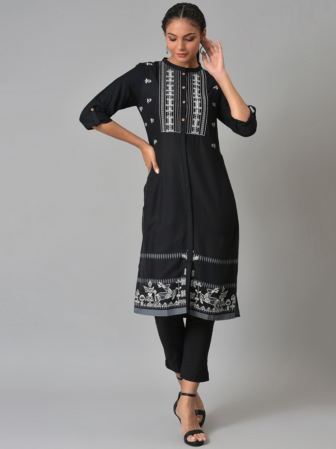 

W Women Black Ethnic Motifs Embroidered Empire Kurta with Trouser