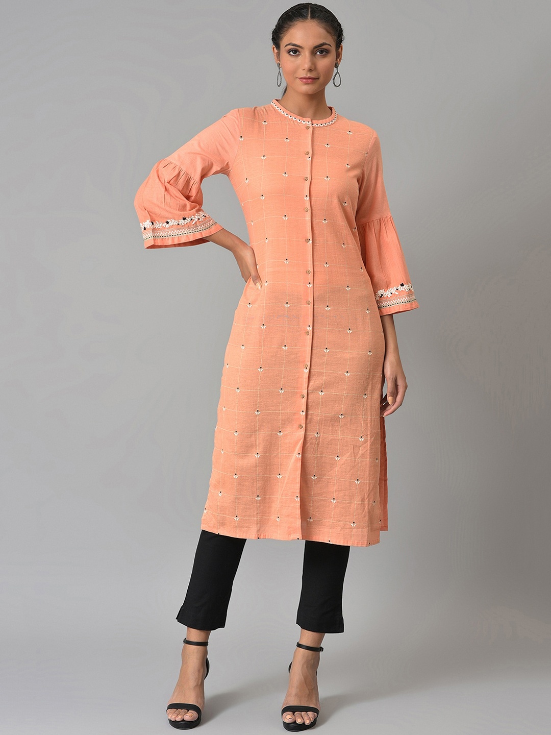 

W Women Check Print Bell Sleeves Pure Cotton Kurta with Trouser, Orange