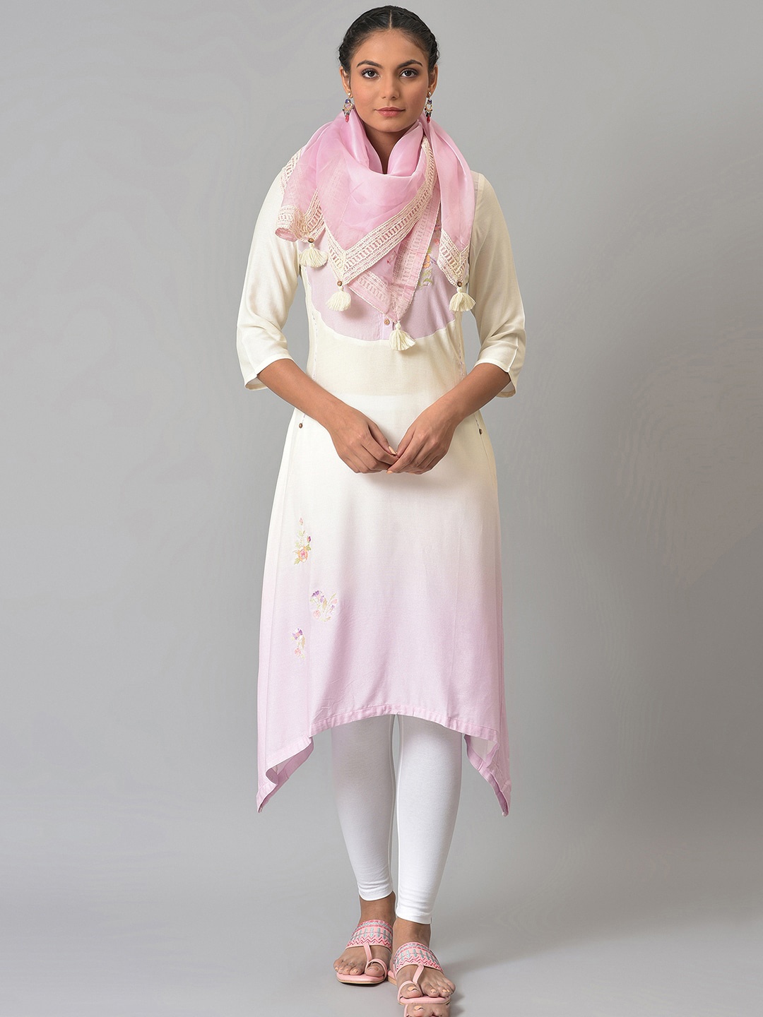 

W Women Pink Dyed Kurta & Churidar with Scarf