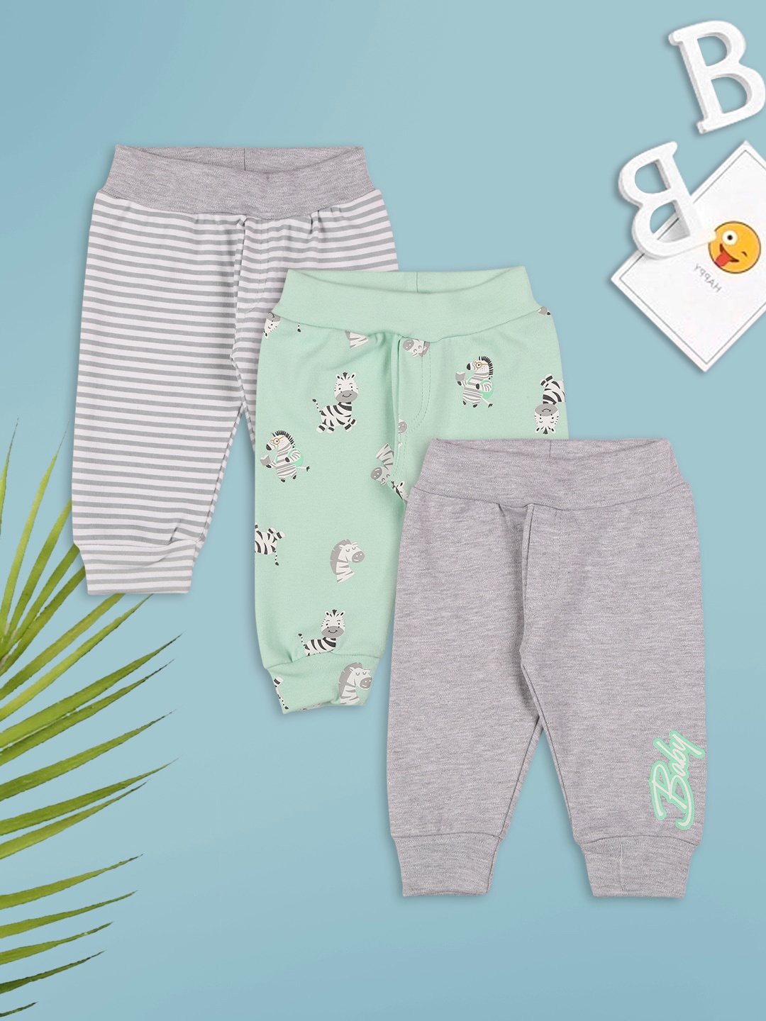

MeeMee Infant Boys Pack Of 3 Printed Cotton Joggers, Green