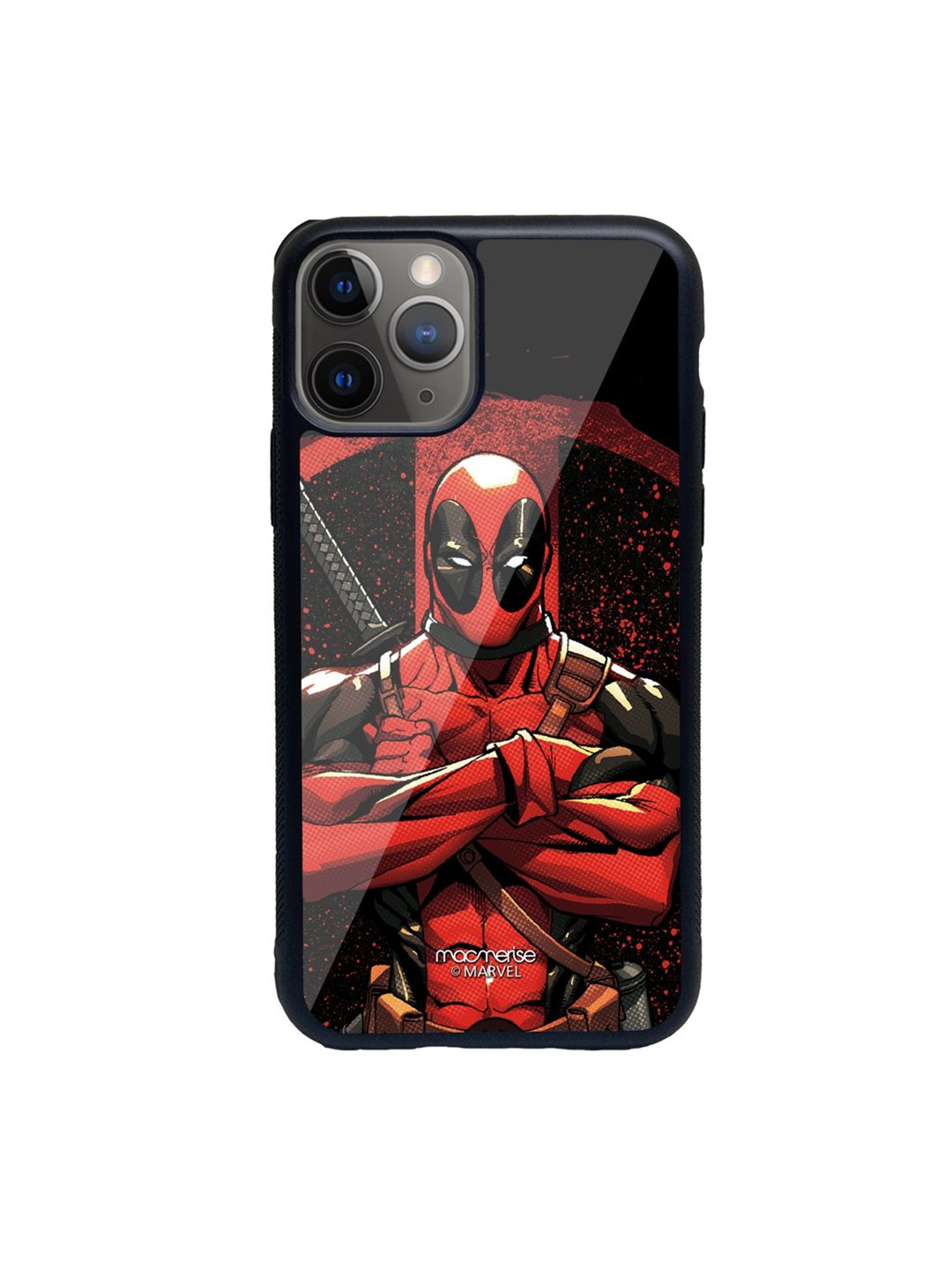 

macmerise Black Printed Deadpool Stance iPhone 11 Pro Glass Phone Back Case