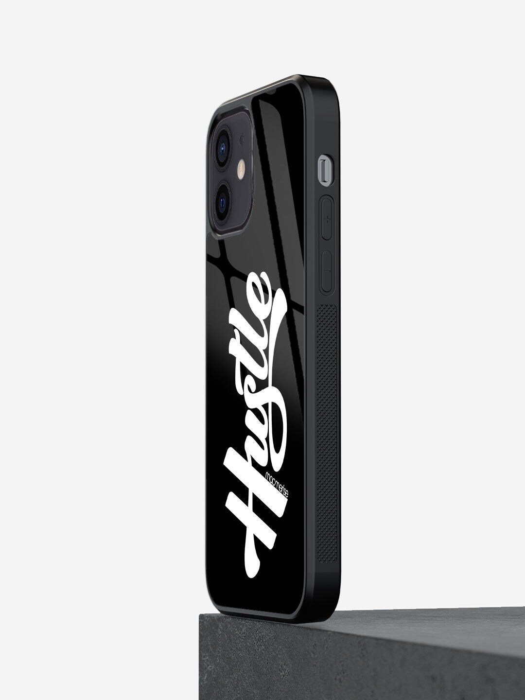 

macmerise Black Hustle Black Printed Glass iPhone 12 Mini Back Case, Multi