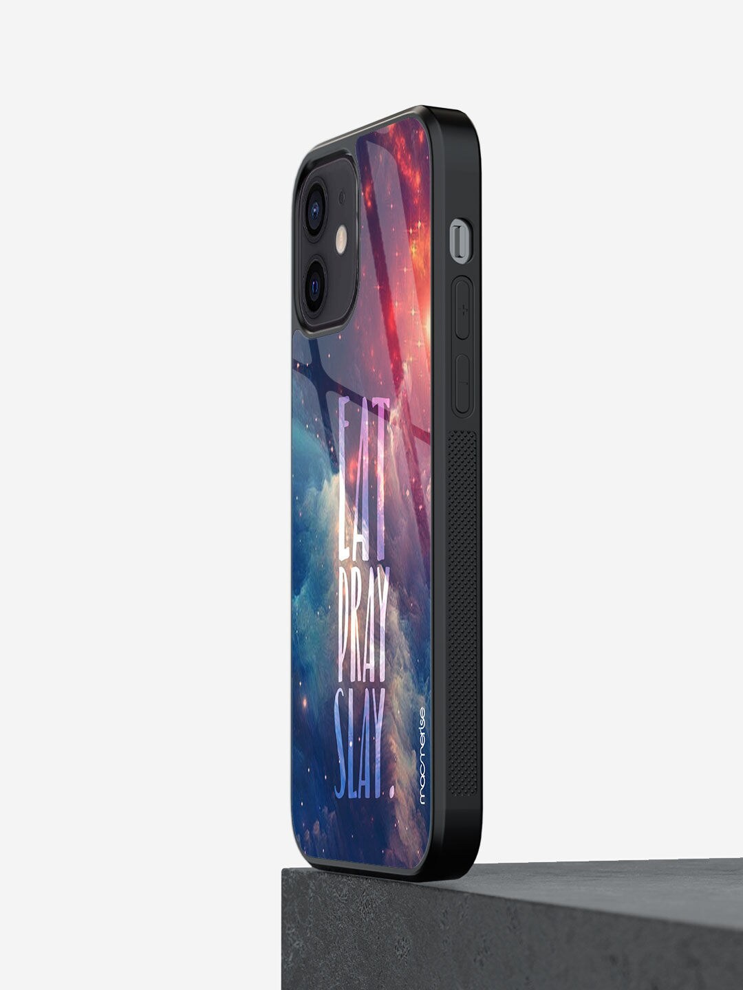 

macmerise Purple & Blue Printed Eat Pray Slay iPhone 12 Glass Phone Back Case