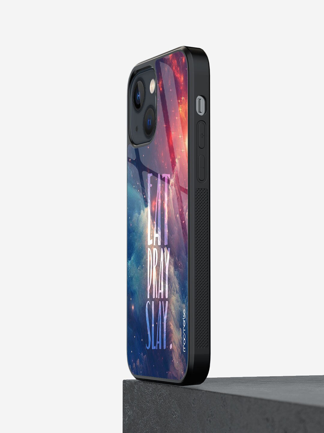 

macmerise Black & Blue Printed Eat Pray Slay iPhone 13 Mini Glass Phone Back Case
