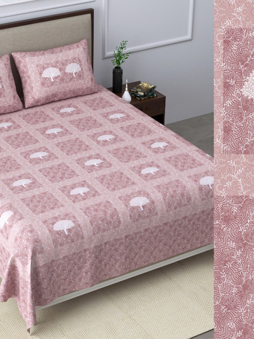 

EasyGoods Pink 320 TC Tree King-Size Bedsheet with 2 Pillow Covers