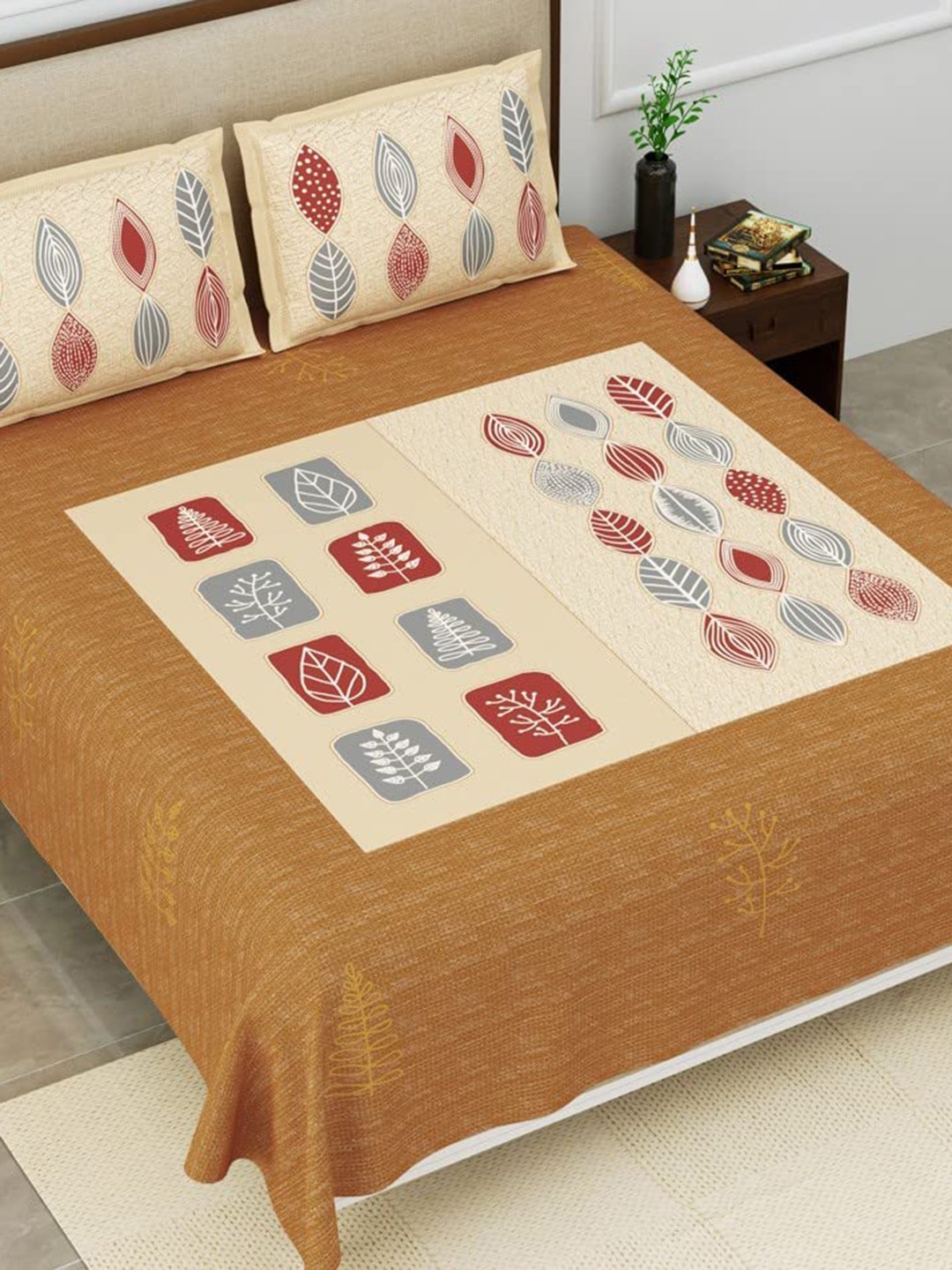 

EasyGoods Mustard & Cream 320 TC Leaves King-Size Bedsheet with 2 Pillow Covers