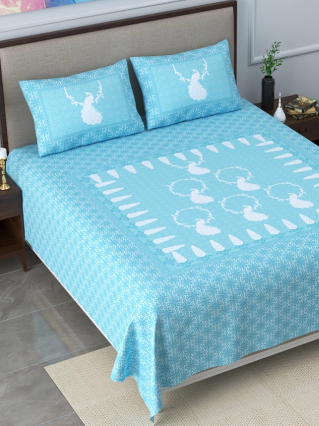 

EasyGoods Conversational 300 TC Cotton King Bedsheet with 2 Pillow Covers, Blue
