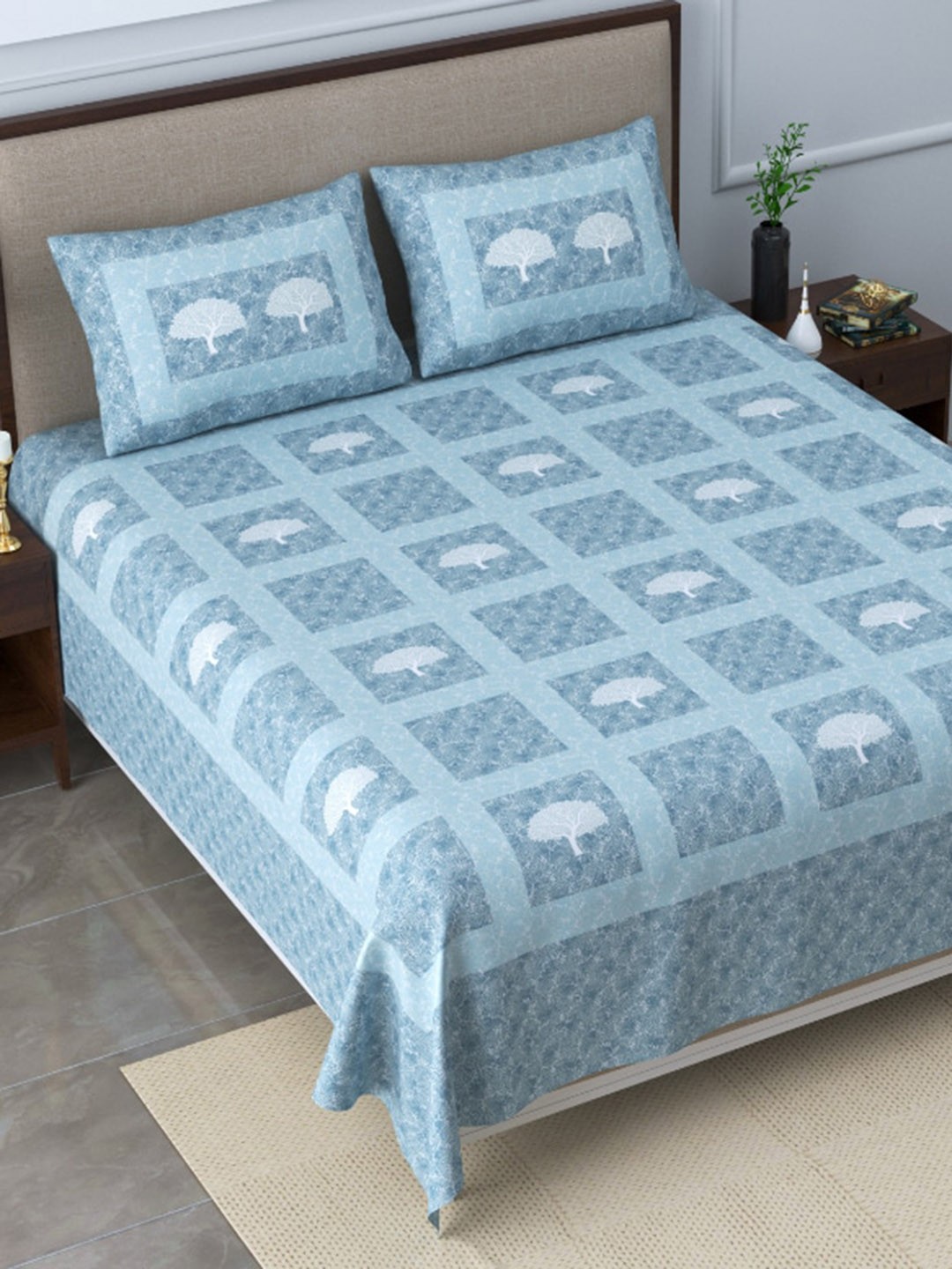 

EasyGoods Ethnic Motifs 300 TC Cotton King Bedsheet with 2 Pillow Covers, Blue
