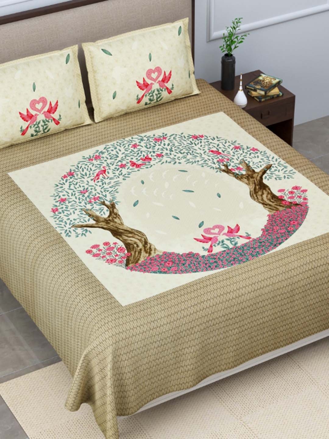 

EasyGoods Mustard & Pink 320 TC Tree King-Size Bedsheet with 2 Pillow Covers