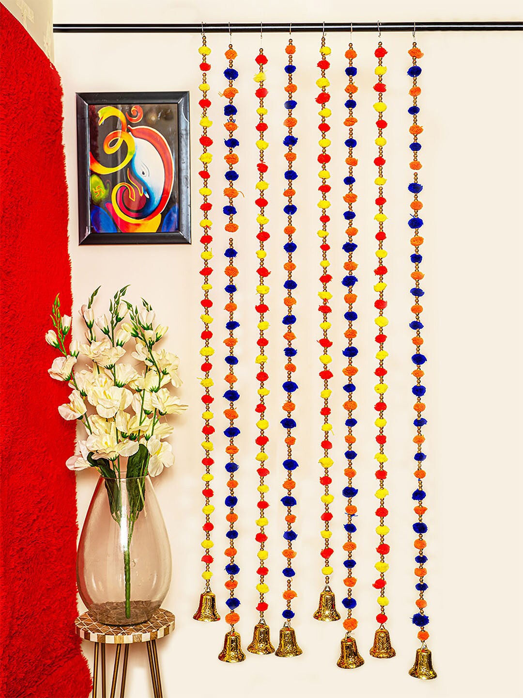 

TIED RIBBONS Set of 8 Wall Door Hanging Pom Pom Torans Garlands with Bells, Blue