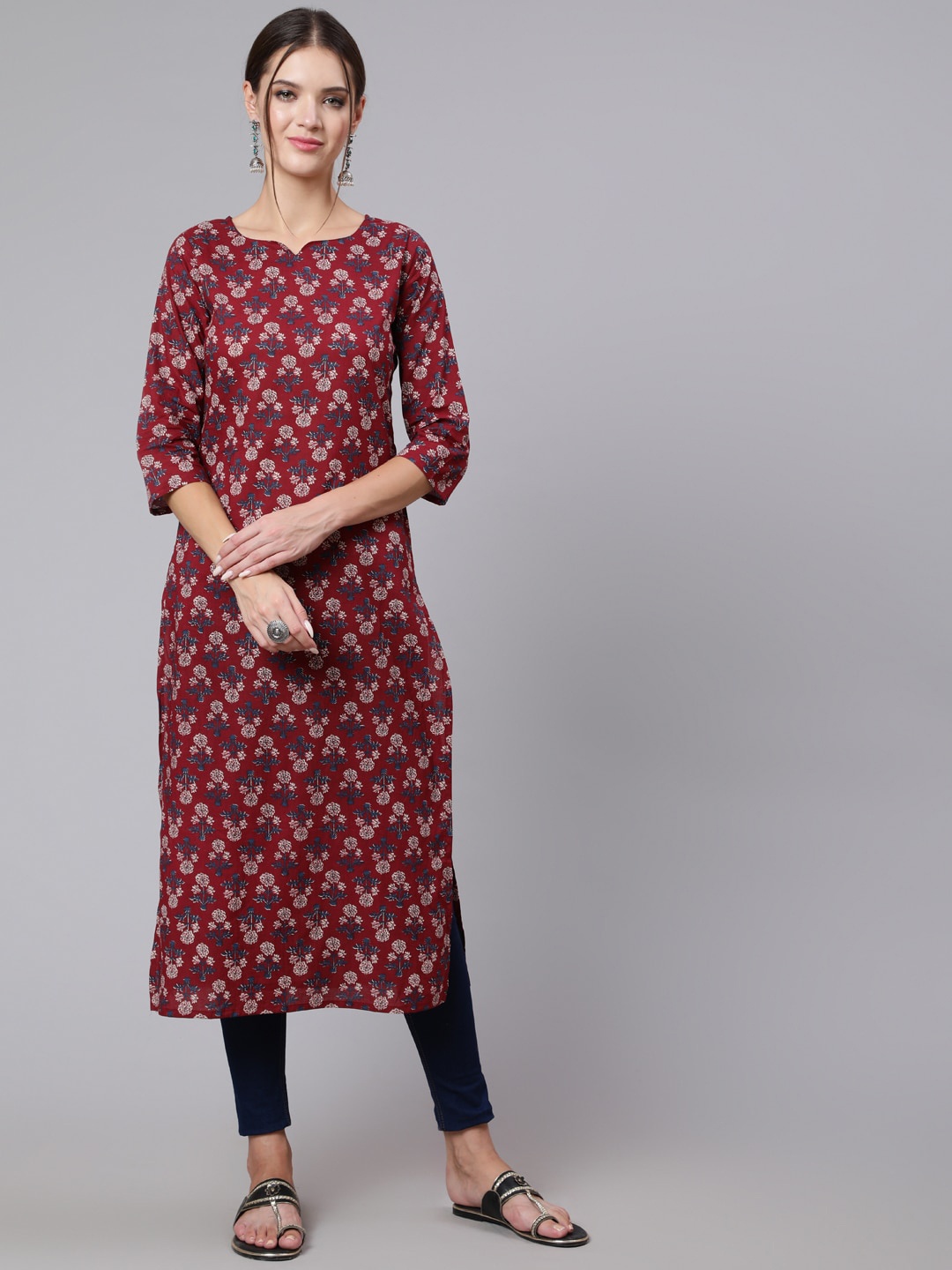 

Nayo Women Burgundy Floral Printed Floral Kurta