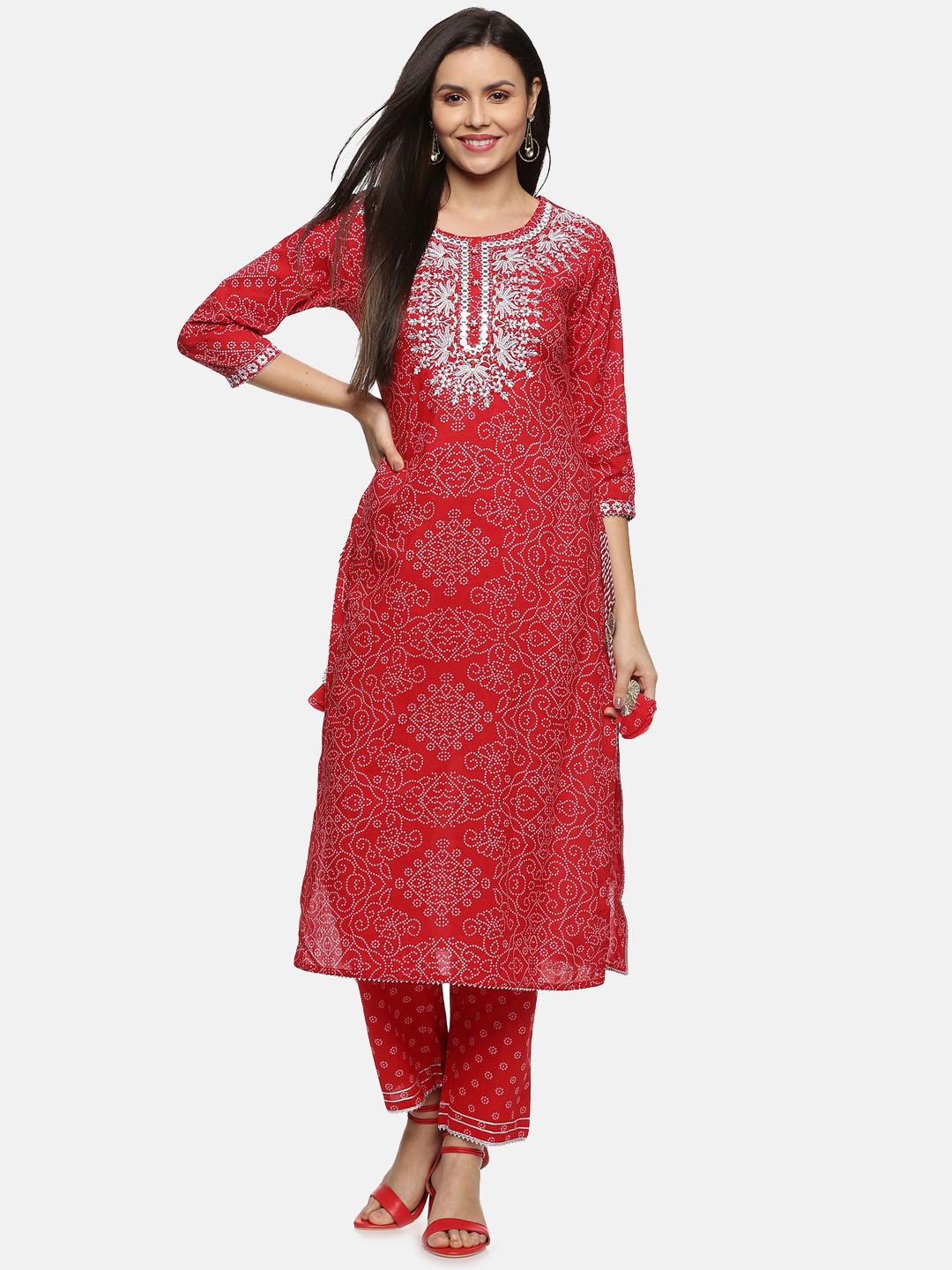 

Palakh Women Red Bandhani Printed Thread Work Pure Cotton Kurta with Trouser