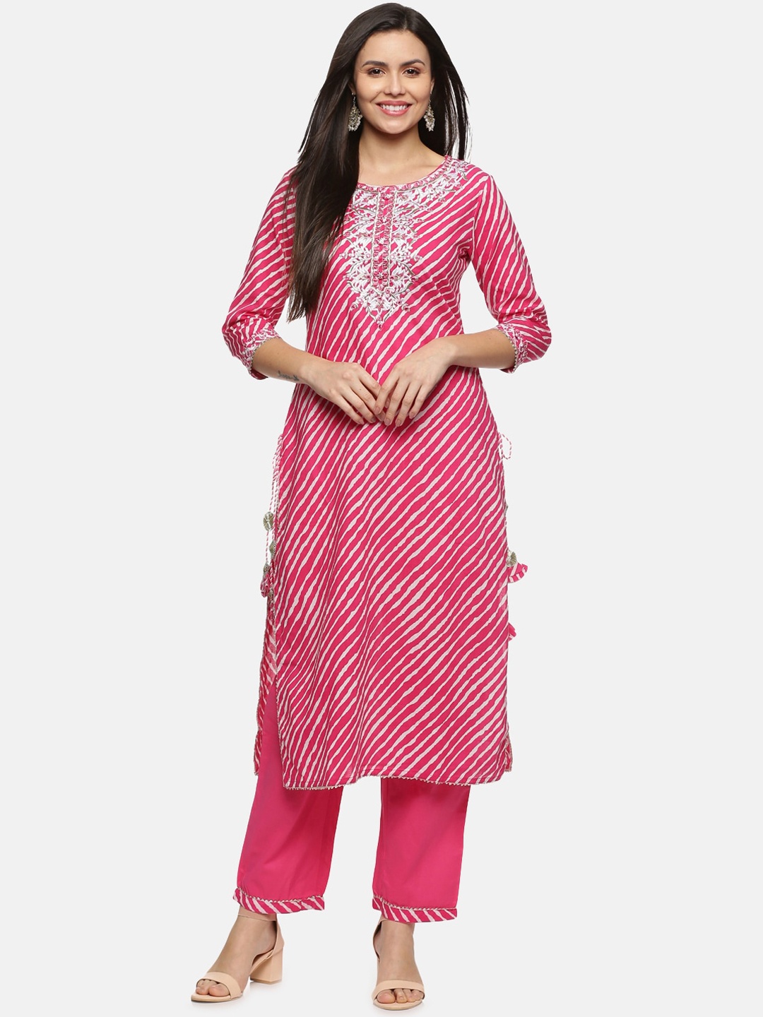 

Palakh Women Pink Leheriya Printed Pure Cotton Kurta with Trouser