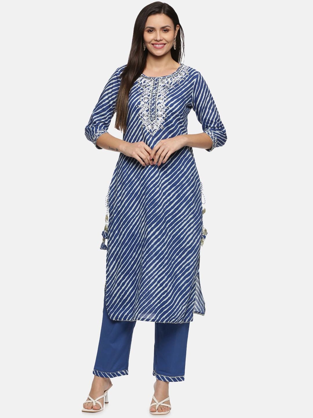 

Palakh Women Blue Leheriya Printed Thread Work Pure Cotton Kurta with Trouser