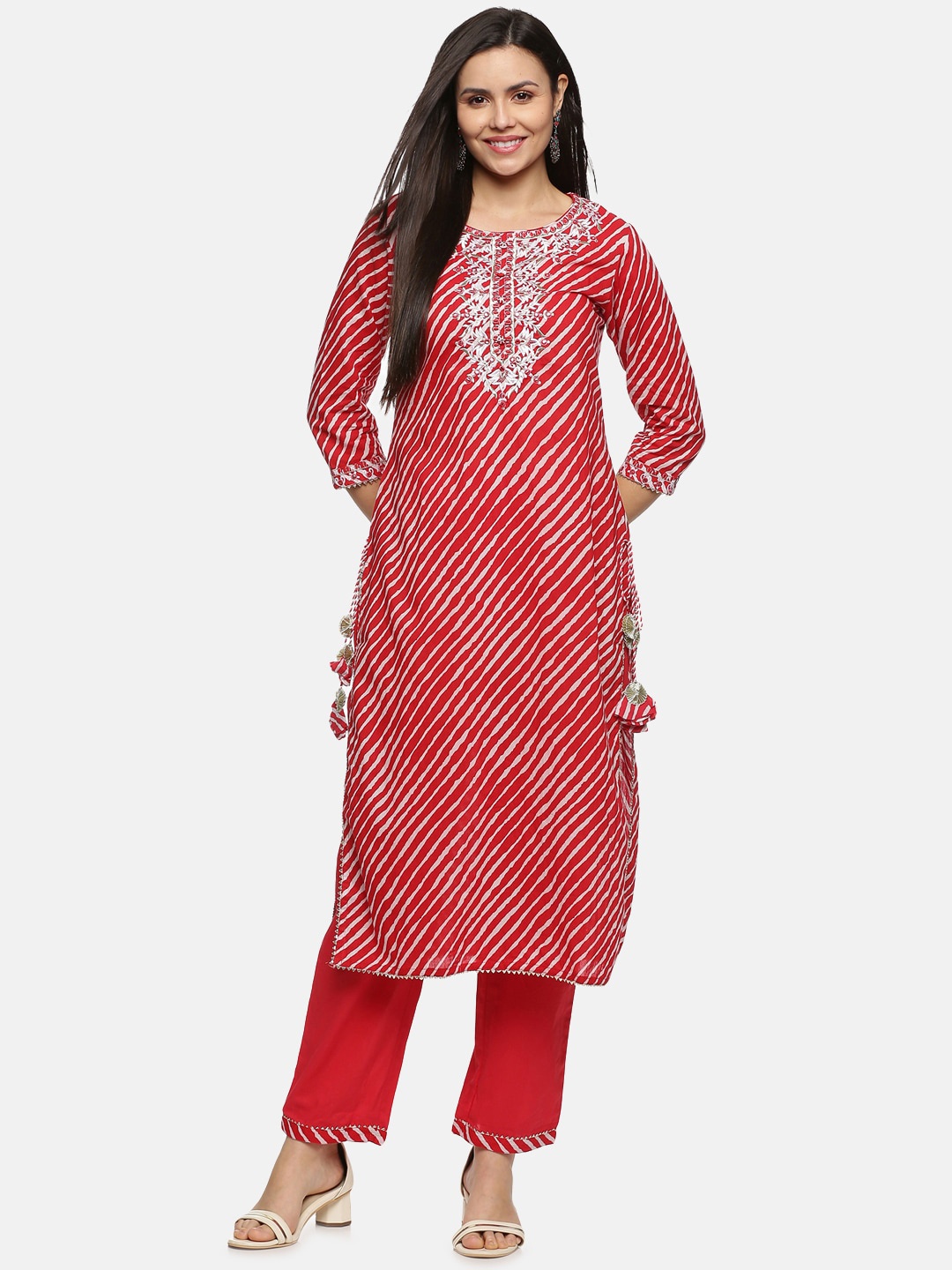 

Palakh Women Red Leheriya Printed Thread Work Pure Cotton Kurta with Palazzos