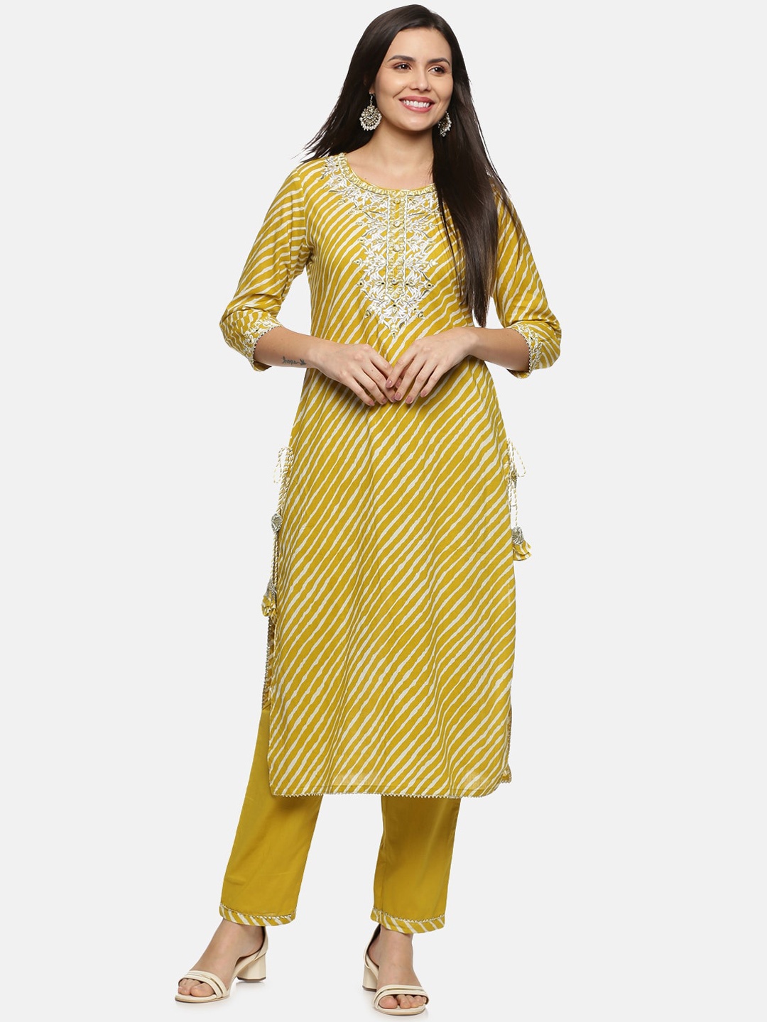 

Palakh Women Yellow Leheriya Printed Thread Work Pure Cotton Kurta with Trouser