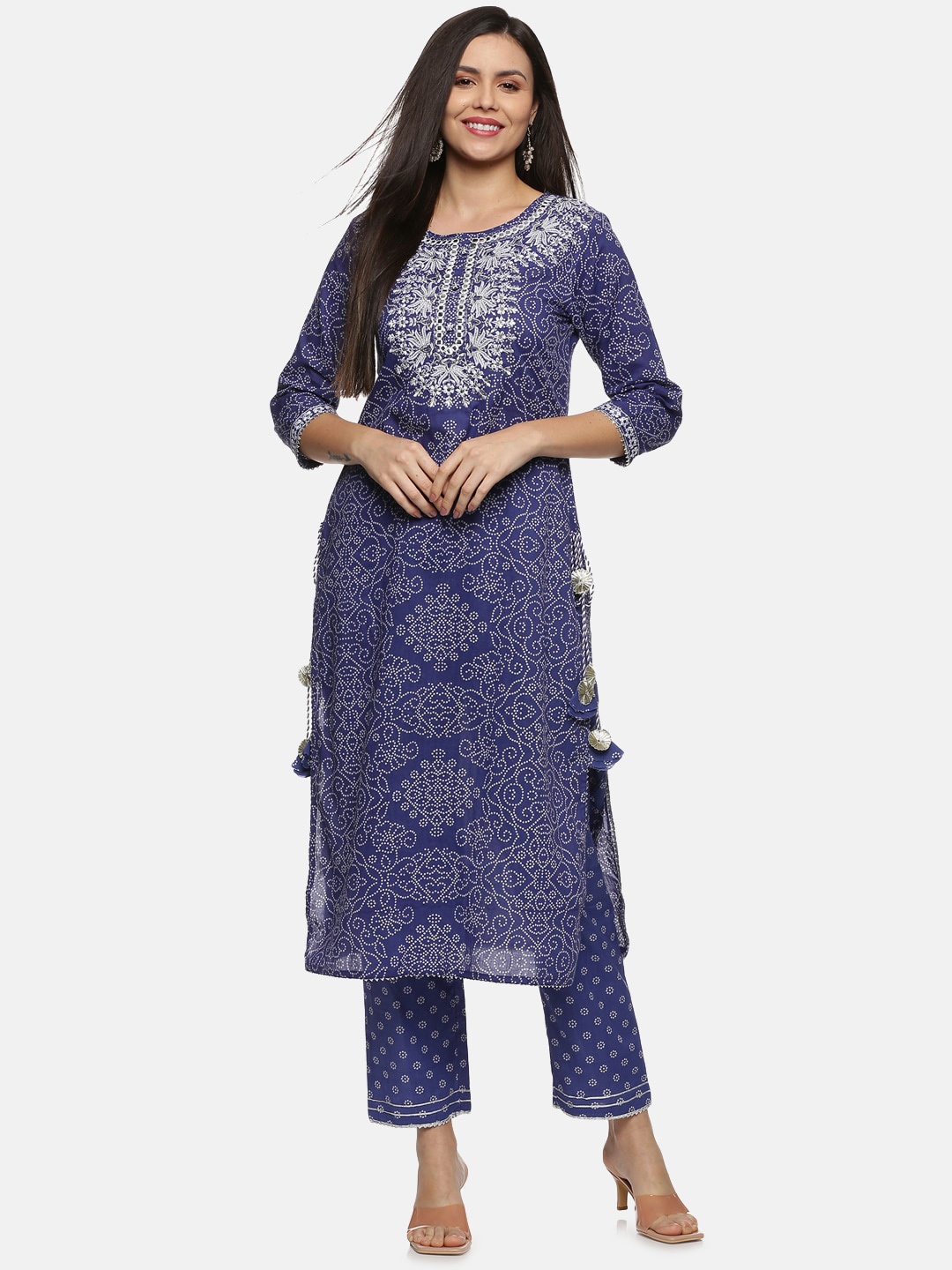

Palakh Women Blue Bandhani Printed Thread Work Pure Cotton Kurta with Trouser