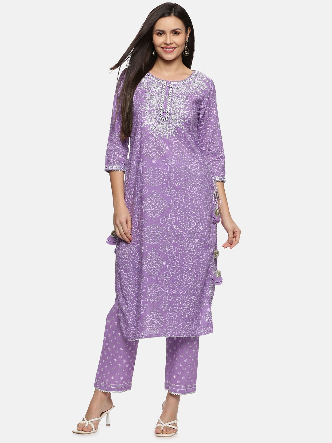 

Palakh Women Purple Bandhani Printed Thread Work Pure Cotton Kurta with Trouser