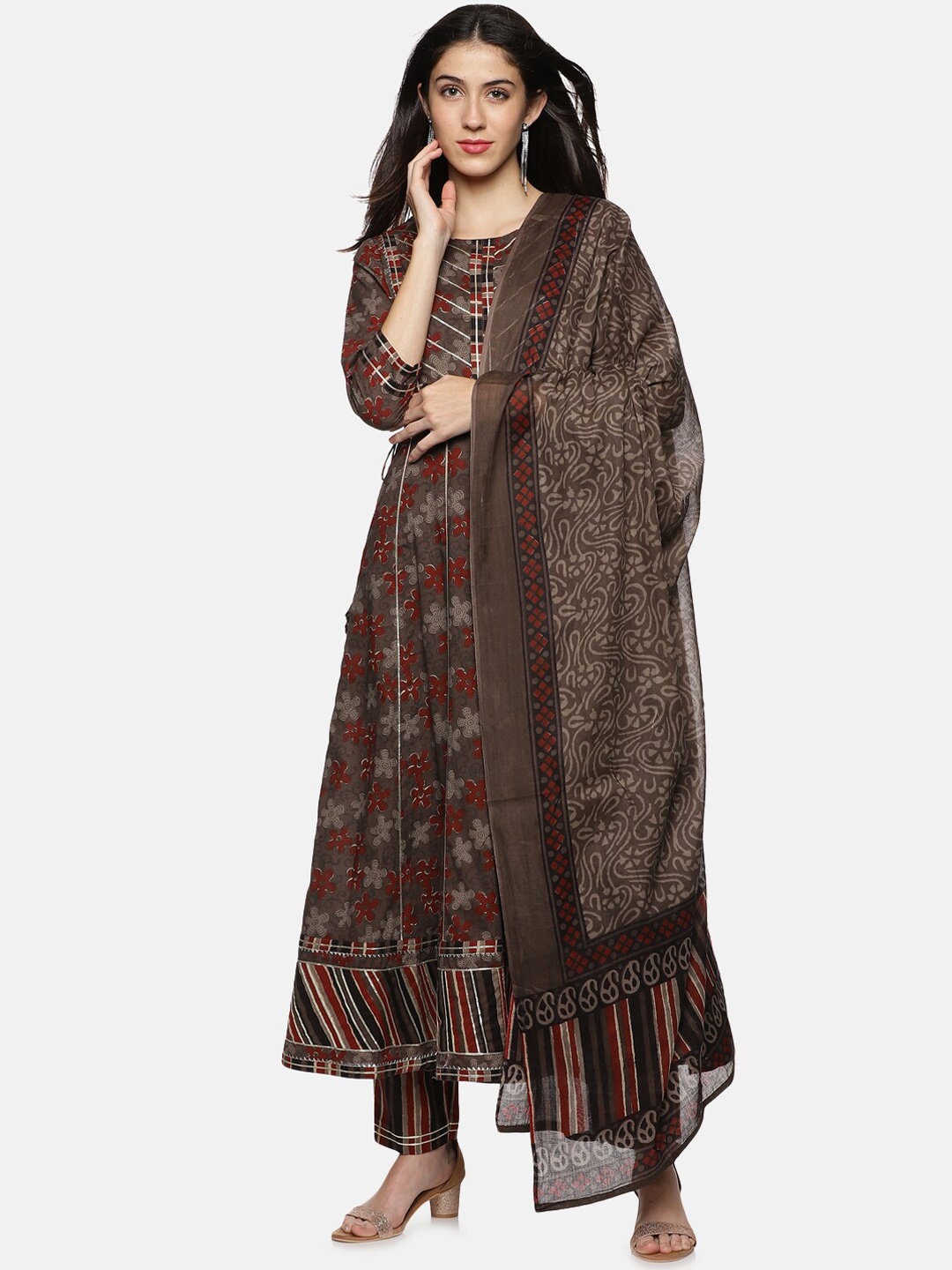 

Palakh Women Ethnic Motifs Printed Empire Pure Cotton Kurta & Trousers With Dupatta, Charcoal