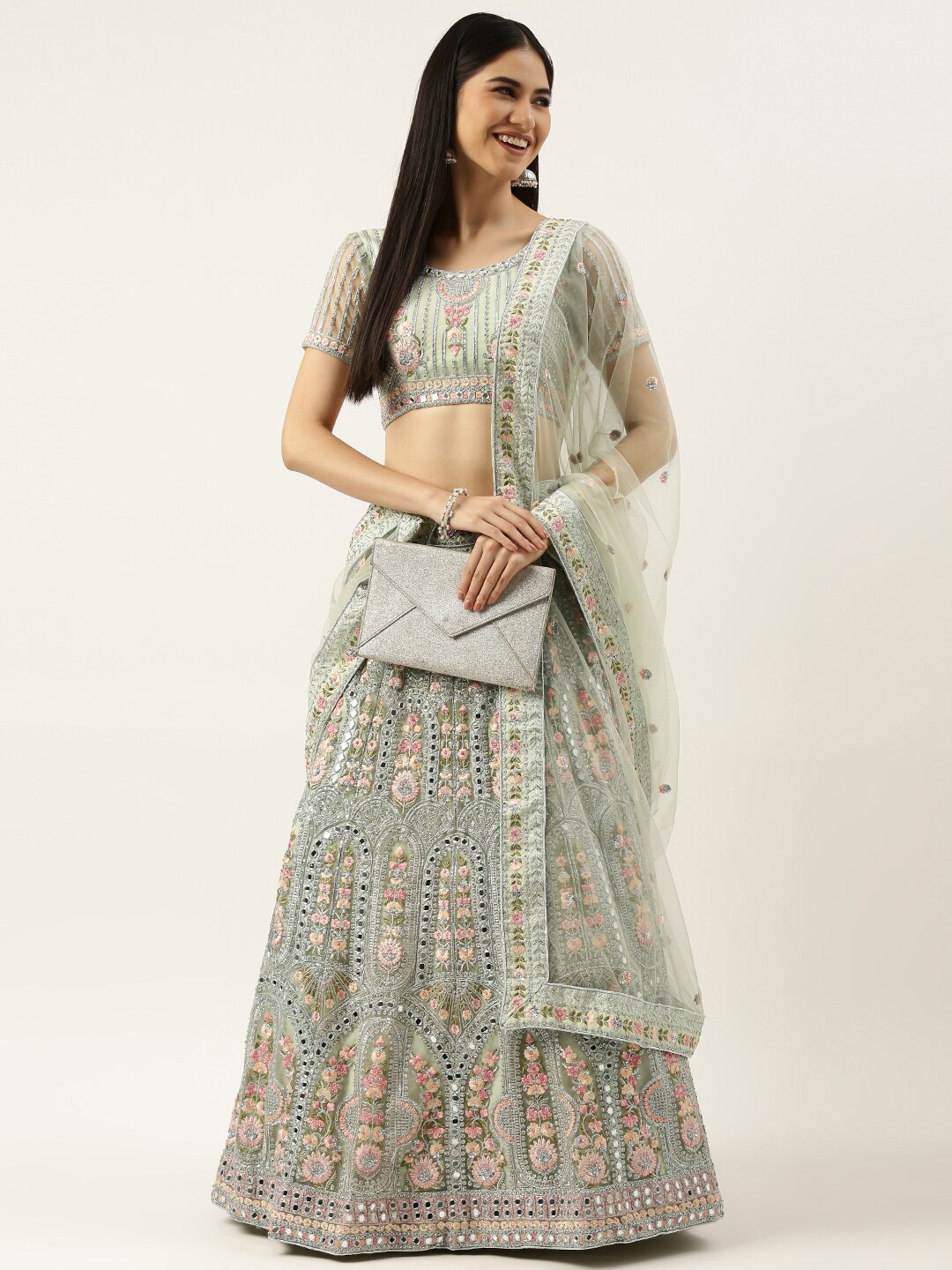 

panchhi Green & Pink Embellished Mirror Work Semi-Stitched Lehenga & Unstitched Blouse With Dupatta