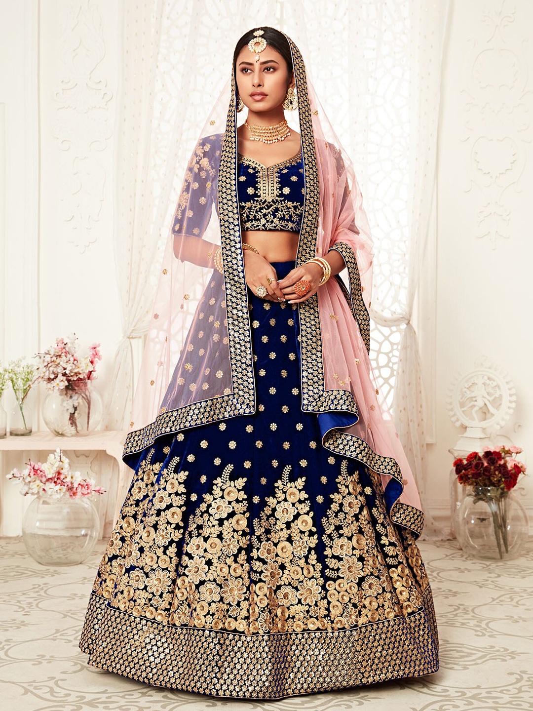 

ODETTE Navy Blue & Peach-Coloured Embellished Sequinned Semi-Stitched Lehenga & Unstitched Blouse With