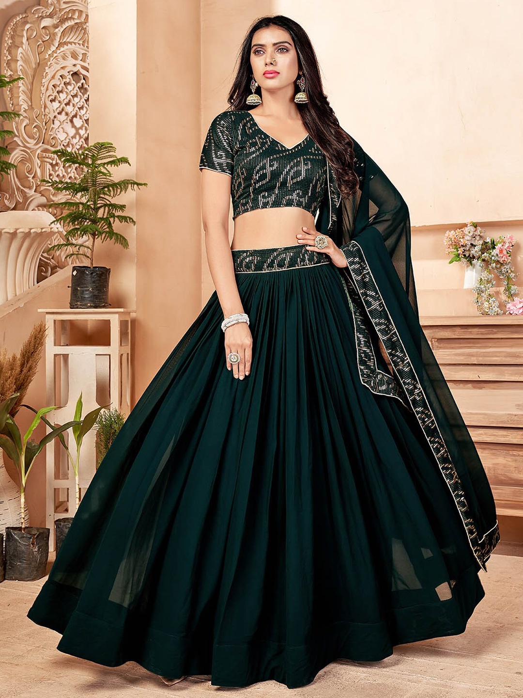 

ODETTE Green & Gold-Toned Embellished Sequinned Semi-Stitched Lehenga & Unstitched Blouse With Dupatta