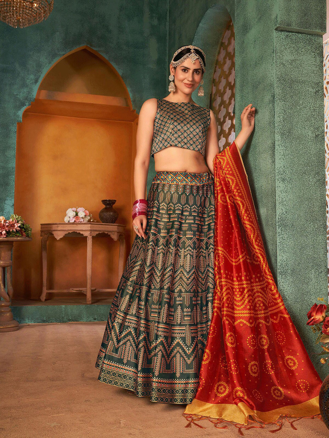 

ODETTE Grey & Red Printed Semi-Stitched Lehenga & Unstitched Blouse With Dupatta