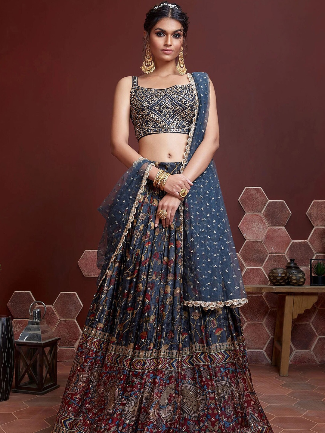 

ODETTE Blue & Red Embellished Sequinned Semi-Stitched Lehenga & Unstitched Blouse With Dupatta
