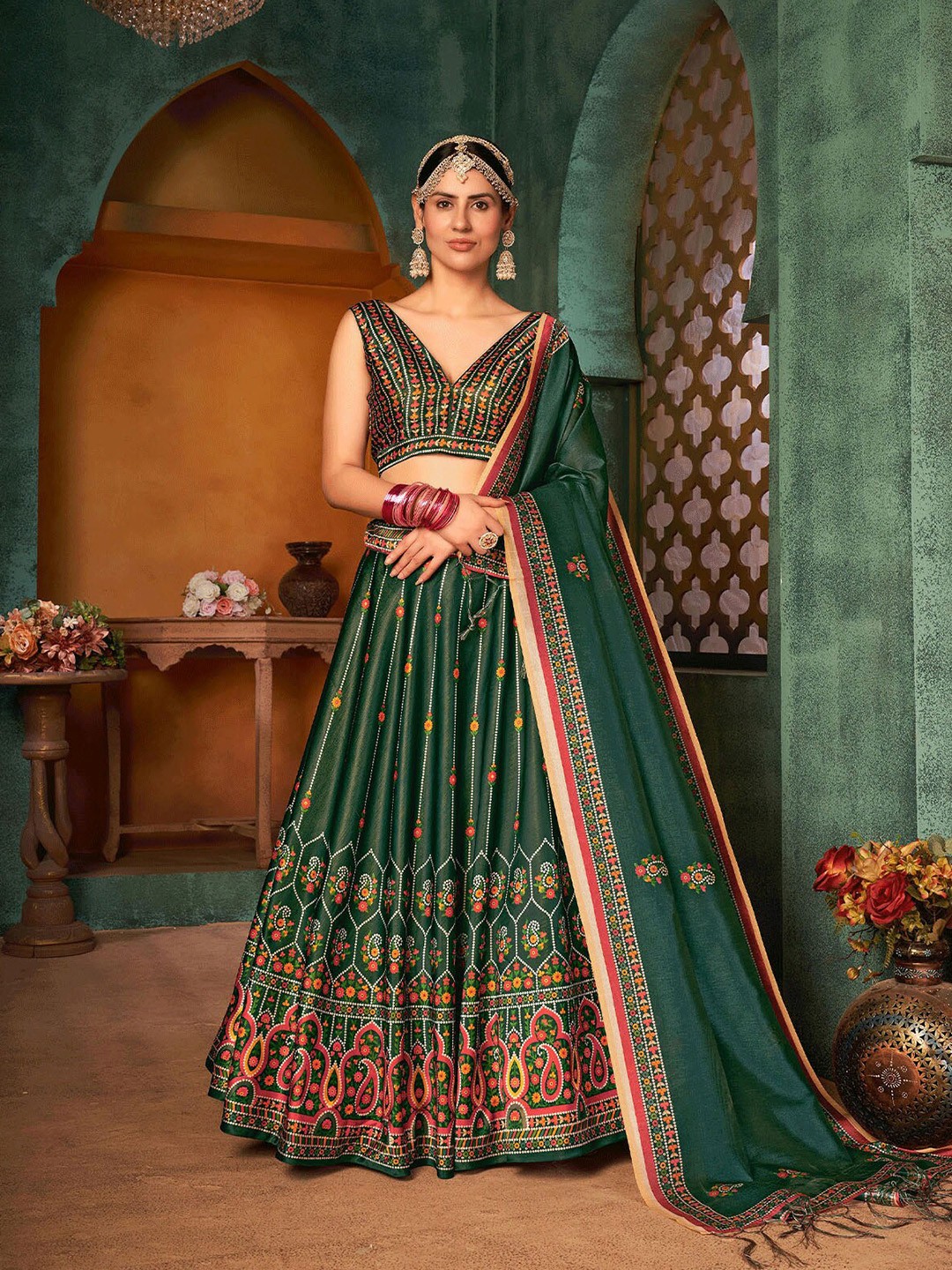 

ODETTE Green Embroidered Semi-Stitched Lehenga & Unstitched Blouse With Dupatta