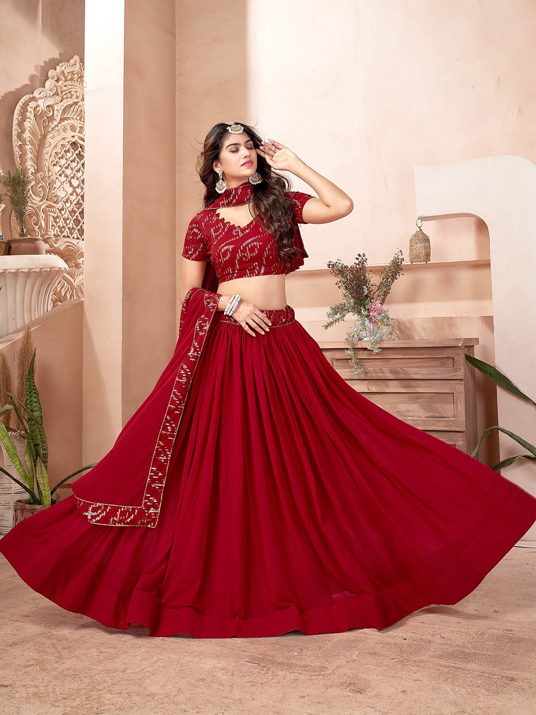 

ODETTE Red Embellished Semi-Stitched Lehenga & Unstitched Blouse With Dupatta