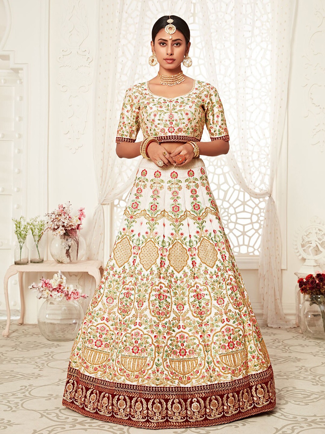 

ODETTE Off White & Maroon Embroidered Thread Work Semi-Stitched Lehenga & Unstitched Blouse With Dupatta