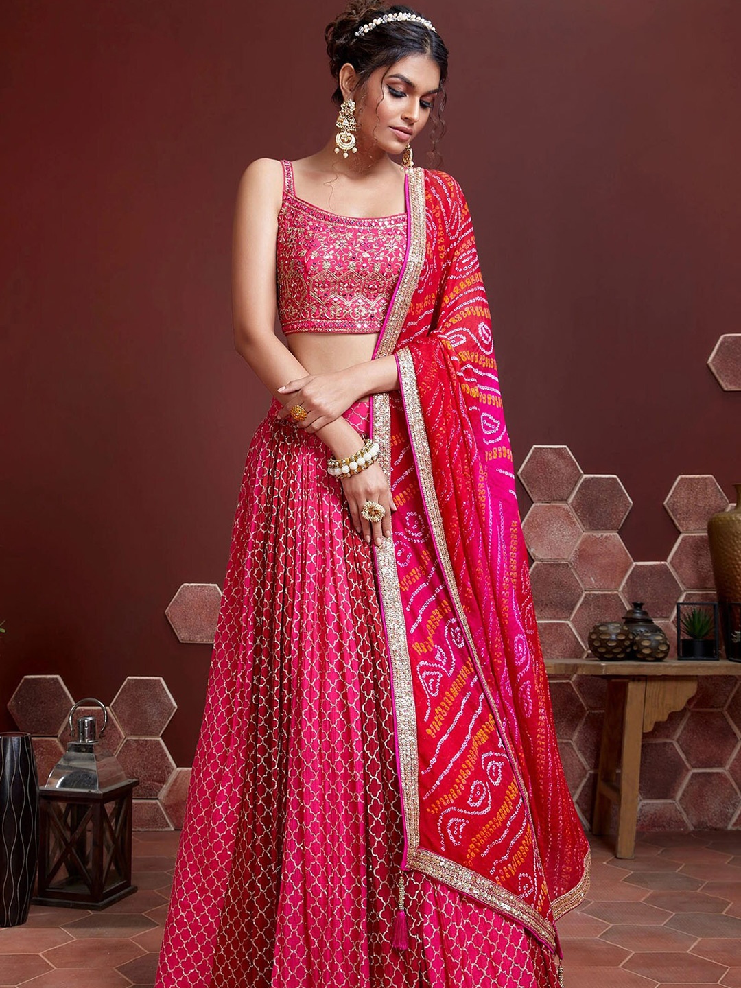 

ODETTE Pink & Red Embellished Mirror Work Khari Print Semi-Stitched Lehenga & Unstitched Blouse With Dupatta