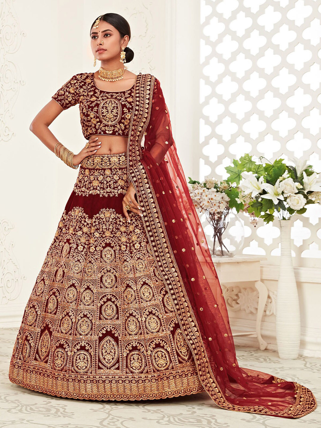 

ODETTE Red & Gold-Toned Embroidered Thread Work Semi-Stitched Lehenga & Unstitched Blouse With Dupatta