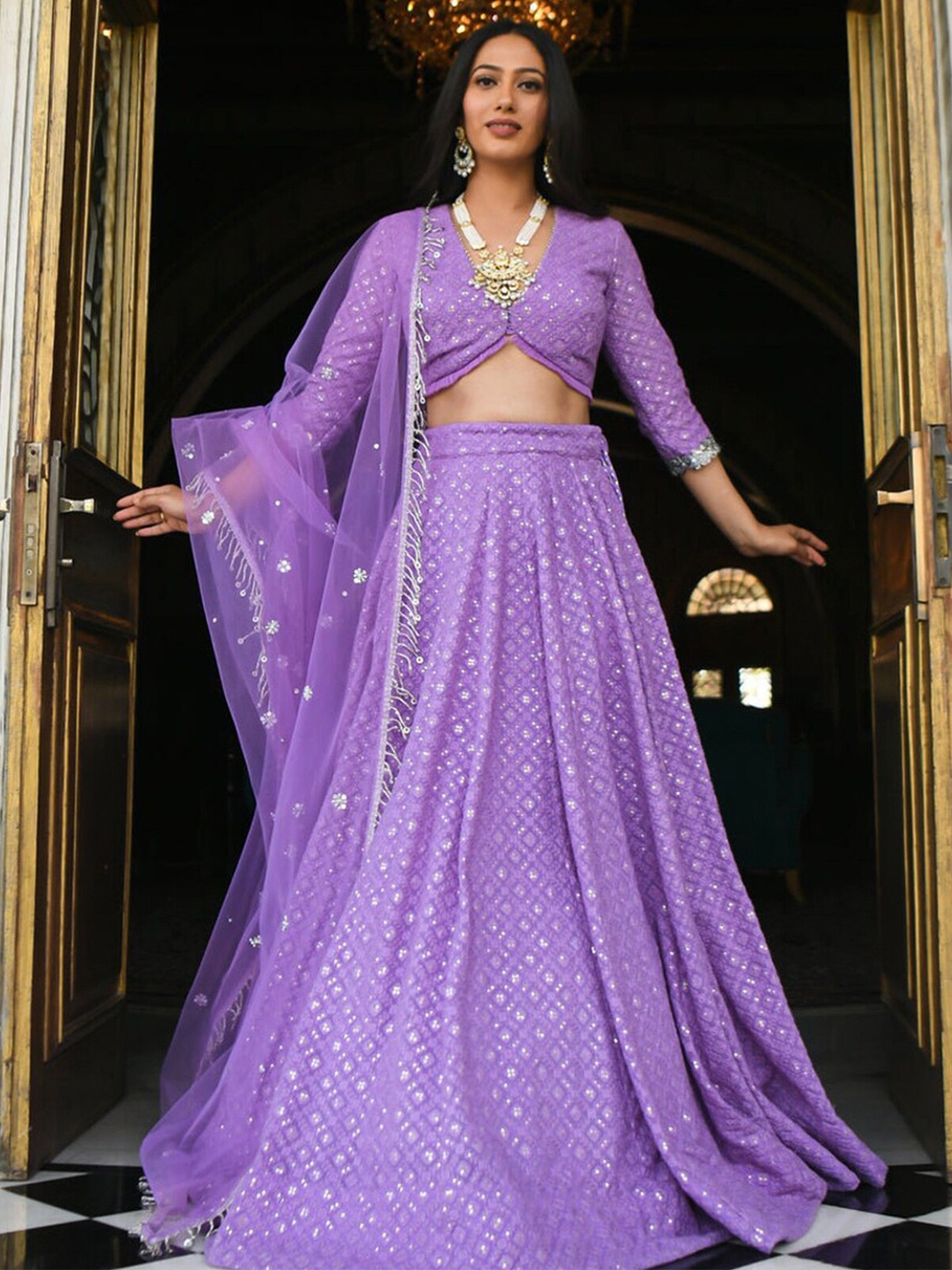 

ODETTE Purple & White Embroidered Thread Work Semi-Stitched Lehenga & Unstitched Blouse With Dupatta