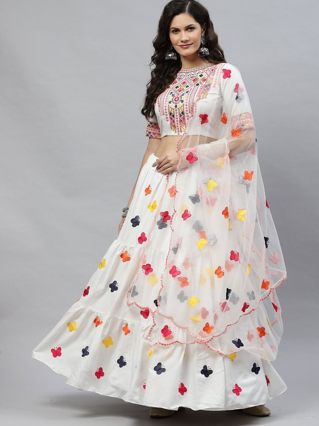 

ODETTE White & Pink Semi-Stitched Lehenga & Unstitched Blouse With Dupatta