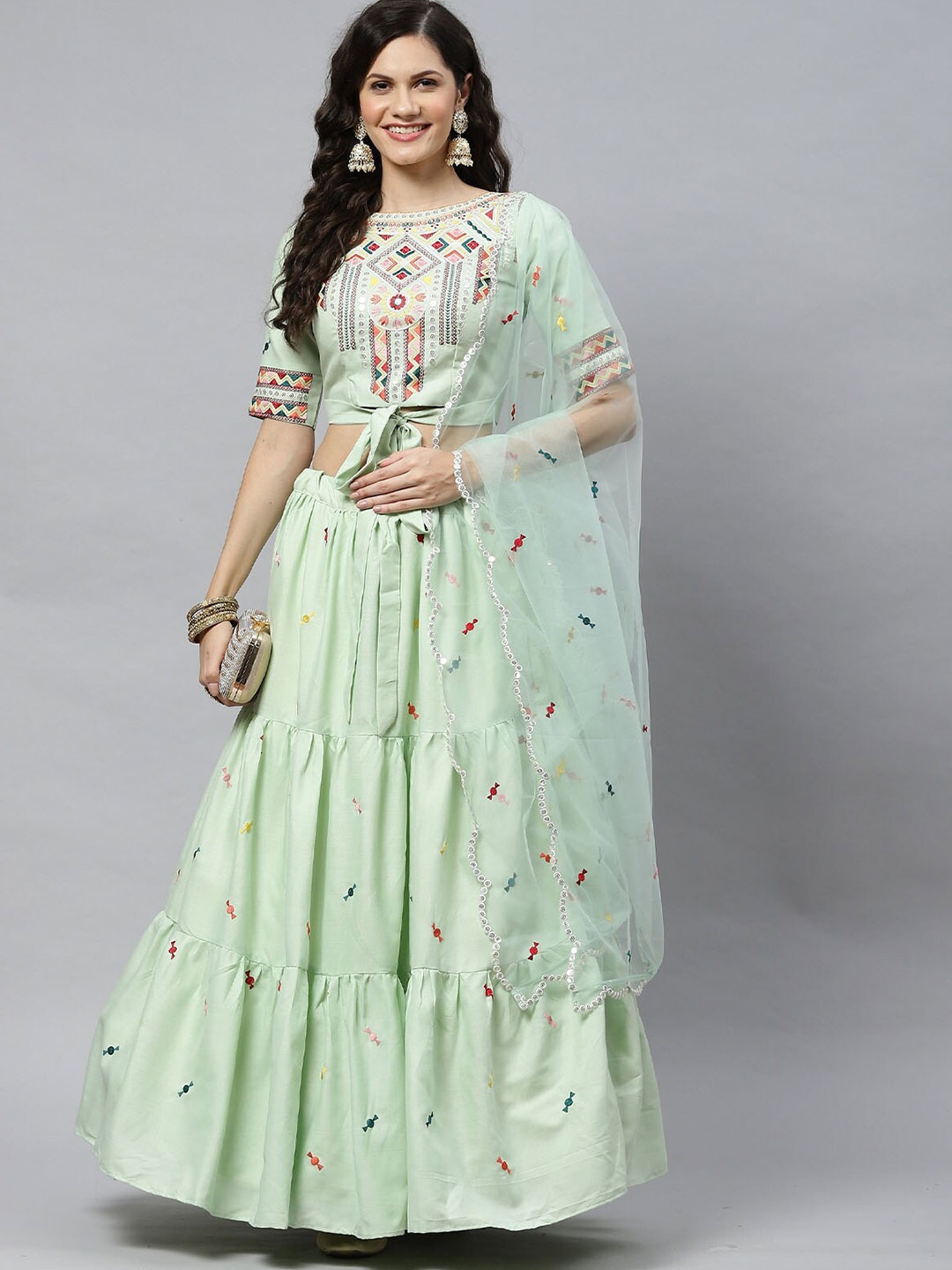 

ODETTE Green & Red Embroidered Semi-Stitched Lehenga & Unstitched Blouse With Dupatta