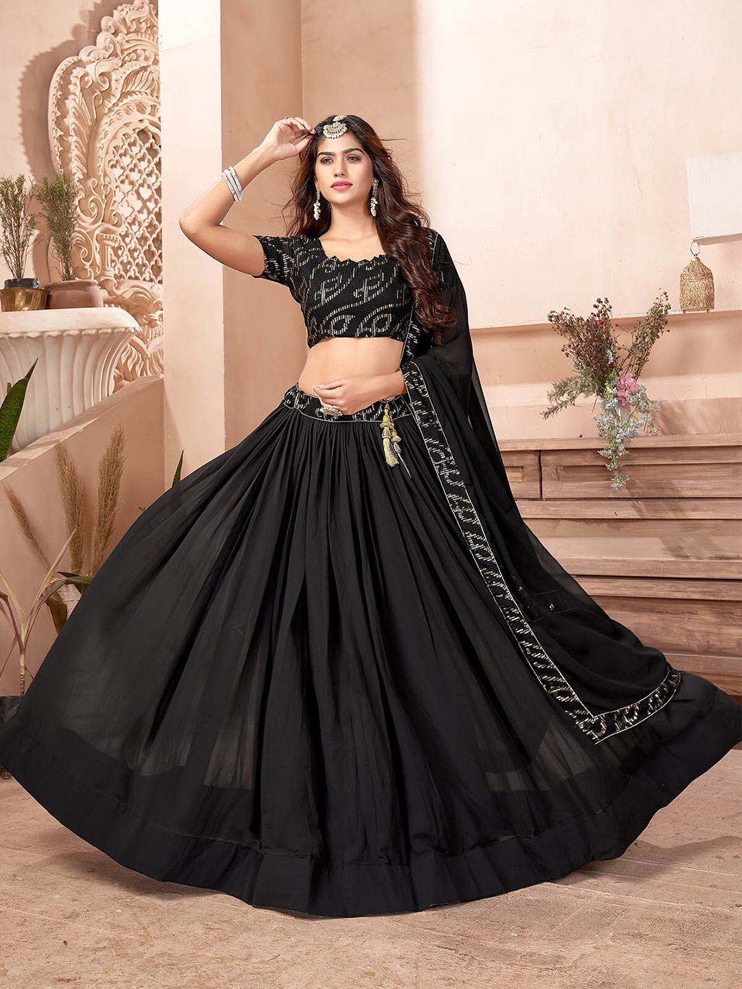 

ODETTE Black & Silver-Toned Embroidered Semi-Stitched Lehenga & Unstitched Blouse With Dupatta