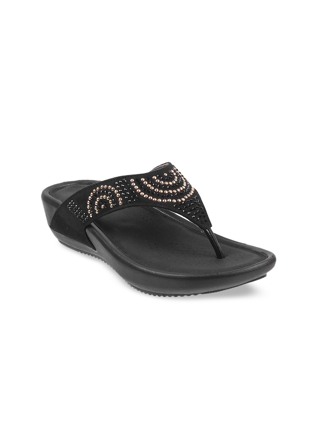 

Mochi Women Black Embellished T-Strap Flats